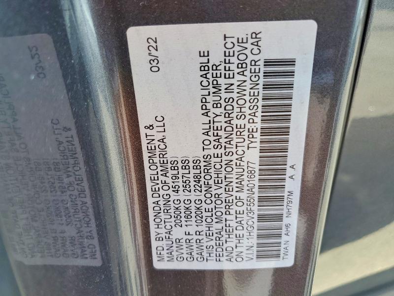 2022 Honda Accord მანქანა იყიდება აუქციონზე, vin: 1HGCV3F55NA016877, აუქციონის ნომერი: 67209746