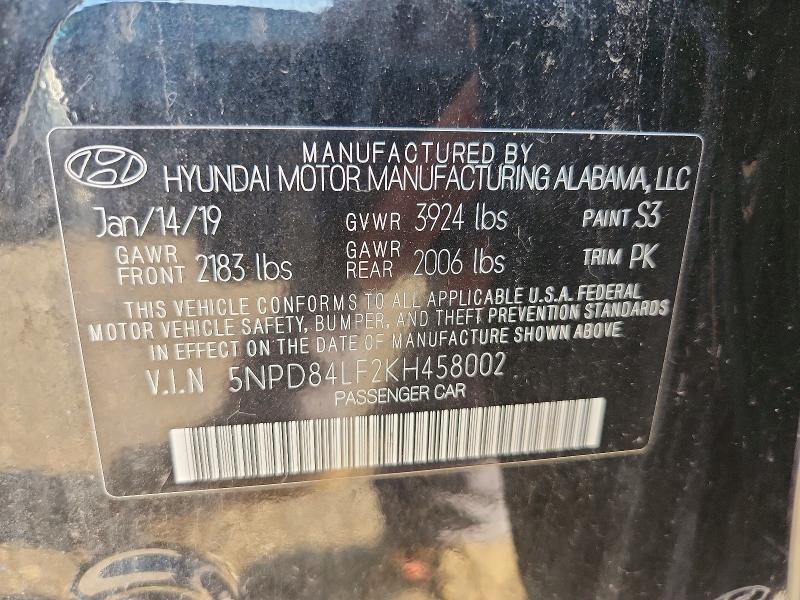 2019 Hyundai Elantra მანქანა იყიდება აუქციონზე, vin: 5NPD84LF2KH458002, აუქციონის ნომერი: 67129416
