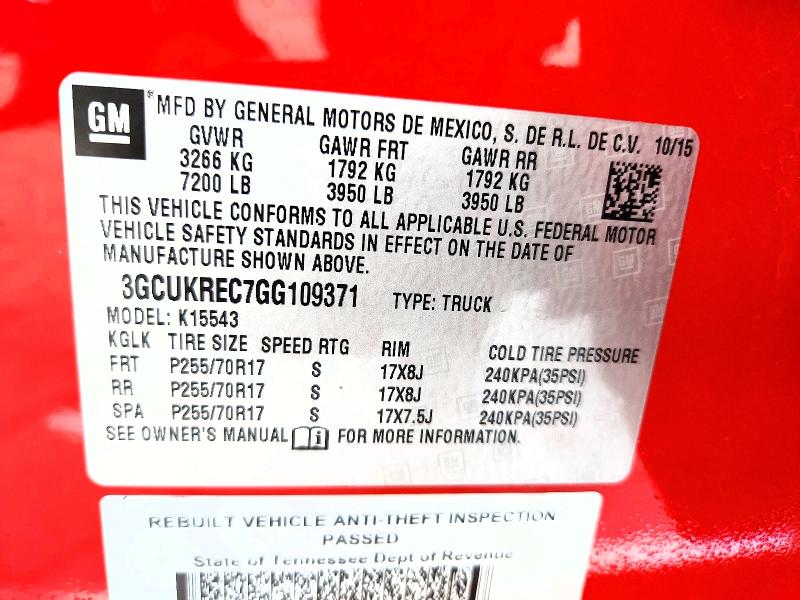 Aukcja sprzedaży 2016 Chevrolet Silverado, vin: 3GCUKREC7GG109371, numer aukcji: 70490596