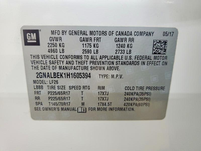 70467066 :رقم المزاد ، 2GNALBEK1H1605394 vin ، 2017 Chevrolet Equinox مزاد بيع