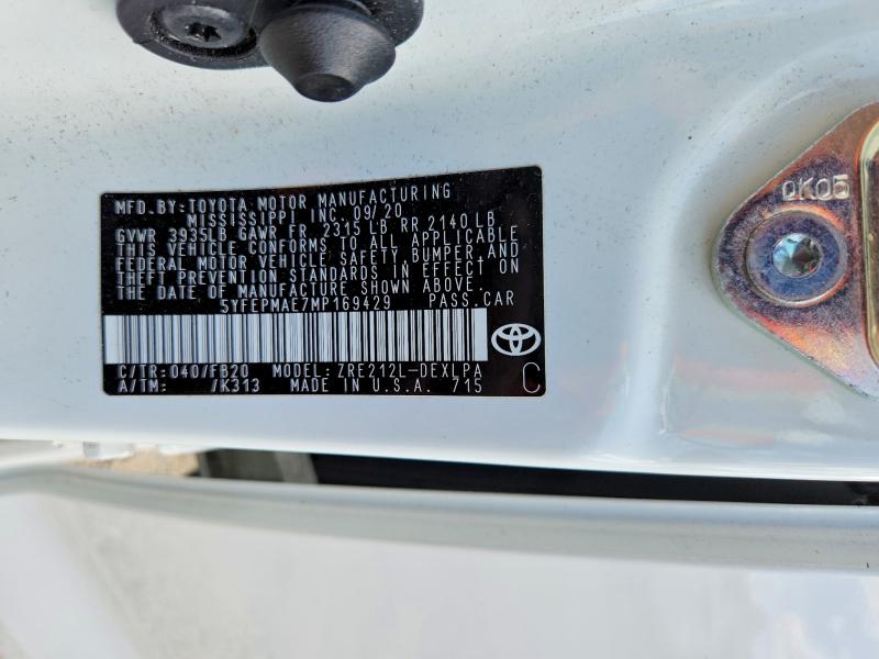 67600586 :رقم المزاد ، 5YFEPMAE7MP169429 vin ، 2021 Toyota Corolla مزاد بيع