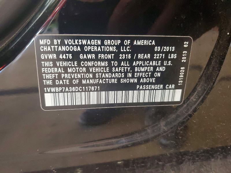 68325386 :رقم المزاد ، 1VWBP7A36DC117671 vin ، 2013 Volkswagen Passat مزاد بيع