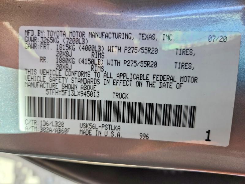 2020 Toyota Tundra 4wd მანქანა იყიდება აუქციონზე, vin: 5TFHY5F13LX945013, აუქციონის ნომერი: 68822726