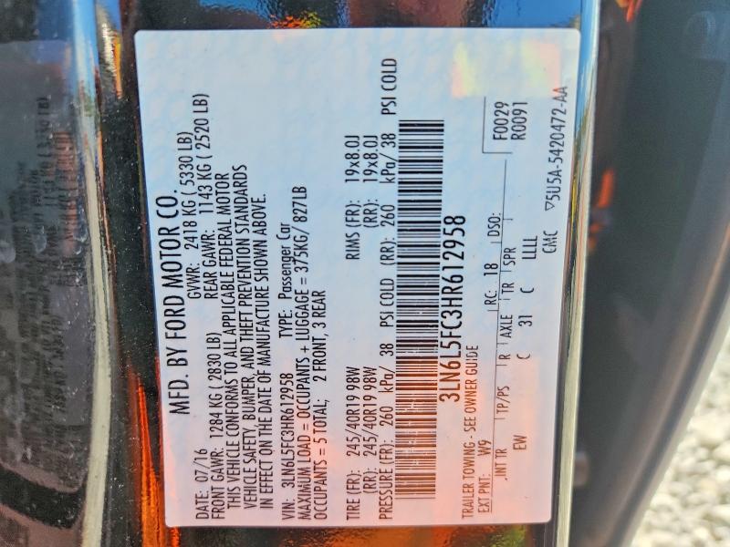 70654756 :رقم المزاد ، 3LN6L5FC3HR612958 vin ، 2017 Lincoln Mkz مزاد بيع