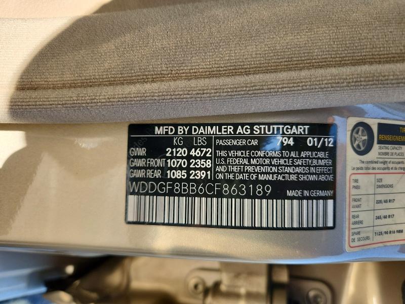 2012 Mercedes-benz C მანქანა იყიდება აუქციონზე, vin: WDDGF8BB6CF863189, აუქციონის ნომერი: 71214446