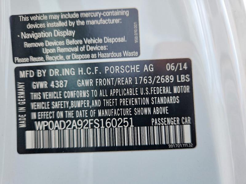 70069406 :رقم المزاد ، WP0AD2A92FS160251 vin ، 2015 Porsche 911 مزاد بيع