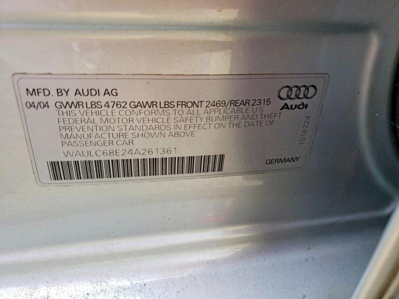 Aukcja sprzedaży 2004 Audi A4, vin: WAULC68E24A261361, numer aukcji: 67452326