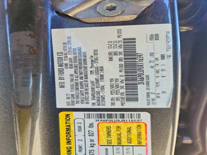 71022386 :رقم المزاد ، 3FA6P0LU9JR116597 vin ، 2018 Ford Fusion مزاد بيع