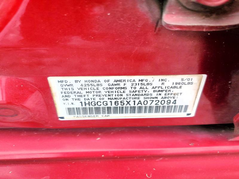 70745056 :رقم المزاد ، 1HGCG165X1A072094 vin ، 2001 Honda Accord مزاد بيع