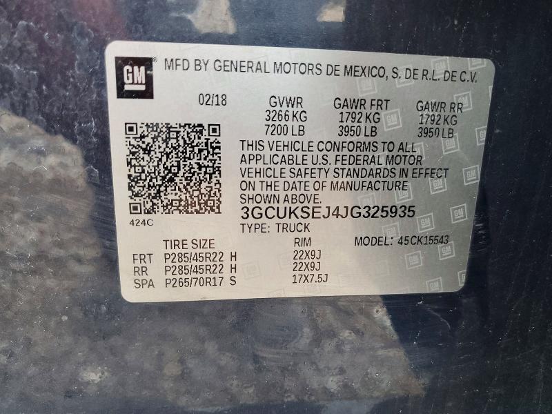 2018 Chevrolet Silverado მანქანა იყიდება აუქციონზე, vin: 3GCUKSEJ4JG325935, აუქციონის ნომერი: 67989596