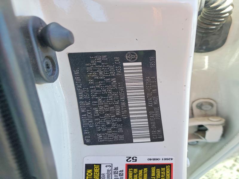 2022 Toyota Camry მანქანა იყიდება აუქციონზე, vin: 4T1G11AK4NU054611, აუქციონის ნომერი: 68445406