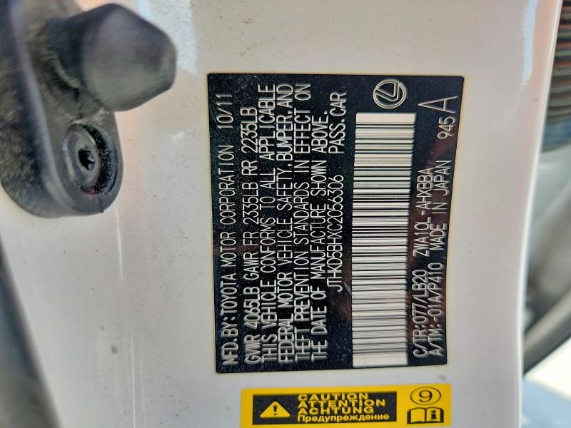 68137226 :رقم المزاد ، JTHKD5BHXC2056306 vin ، 2012 Lexus Ct مزاد بيع