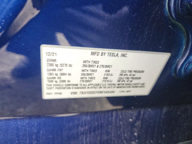 68063716 :رقم المزاد ، 7SAYGDEF0NF345494 vin ، 2022 Tesla Model Y مزاد بيع