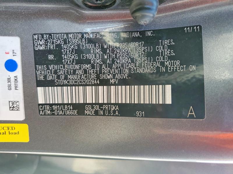 Продаж на аукціоні авто 2012 Toyota Sienna, vin: 5TDYK3DC2CS202844, номер лоту: 67807776