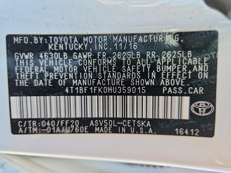 2017 Toyota Camry მანქანა იყიდება აუქციონზე, vin: 4T1BF1FK0HU359015, აუქციონის ნომერი: 69733306