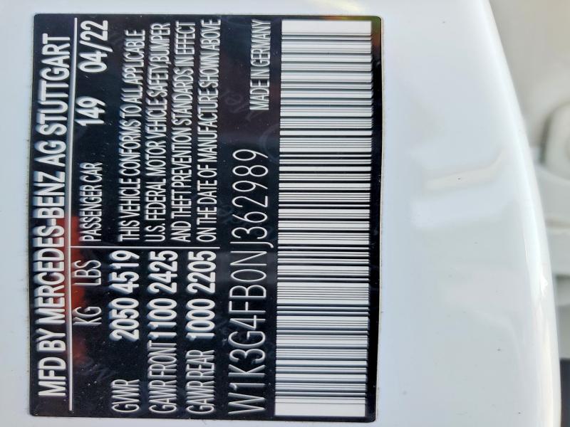 66747076 :رقم المزاد ، W1K3G4FB0NJ362989 vin ، 2022 Mercedes-benz A مزاد بيع