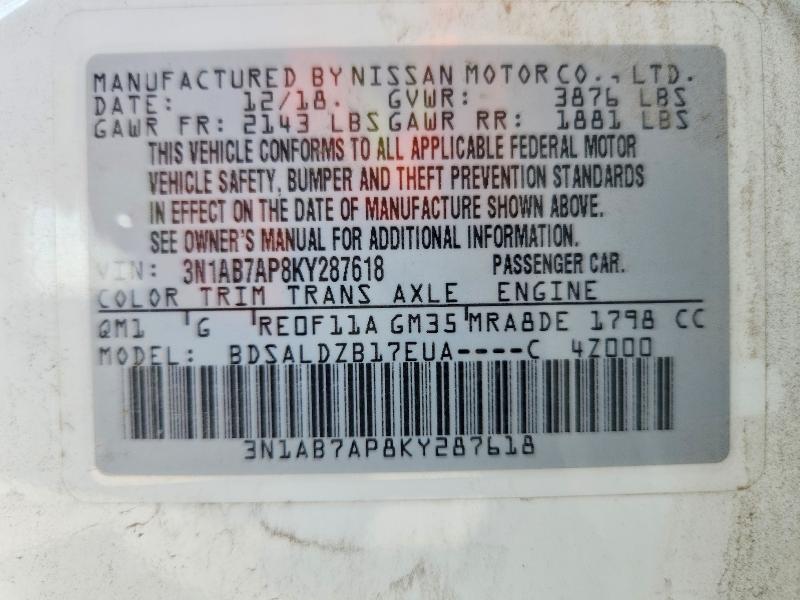 Aukcja sprzedaży 2019 Nissan Sentra, vin: 3N1AB7AP8KY287618, numer aukcji: 69713156