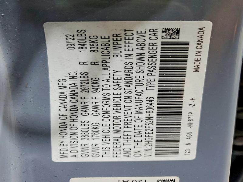 Продаж на аукціоні авто 2022 Honda Civic, vin: 2HGFE2F52NH606446, номер лоту: 69184486
