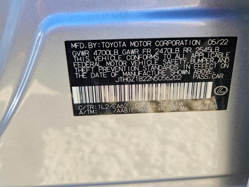 69927366 :رقم المزاد ، JTHGZ1B22N5056202 vin ، 2022 Lexus Is مزاد بيع