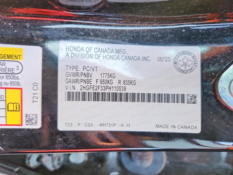 Aukcja sprzedaży 2023 Honda Civic, vin: 2HGFE2F33PH110539, numer aukcji: 68444286