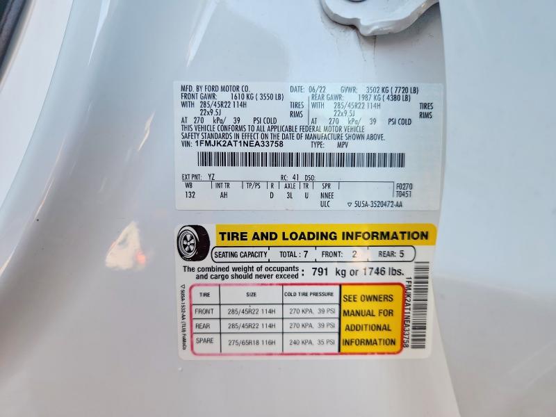 2022 Ford Expedition მანქანა იყიდება აუქციონზე, vin: 1FMJK2AT1NEA33758, აუქციონის ნომერი: 67654766