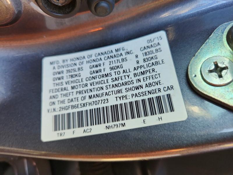 Aukcja sprzedaży 2015 Honda Civic, vin: 2HGFB6E5XFH707723, numer aukcji: 68622186