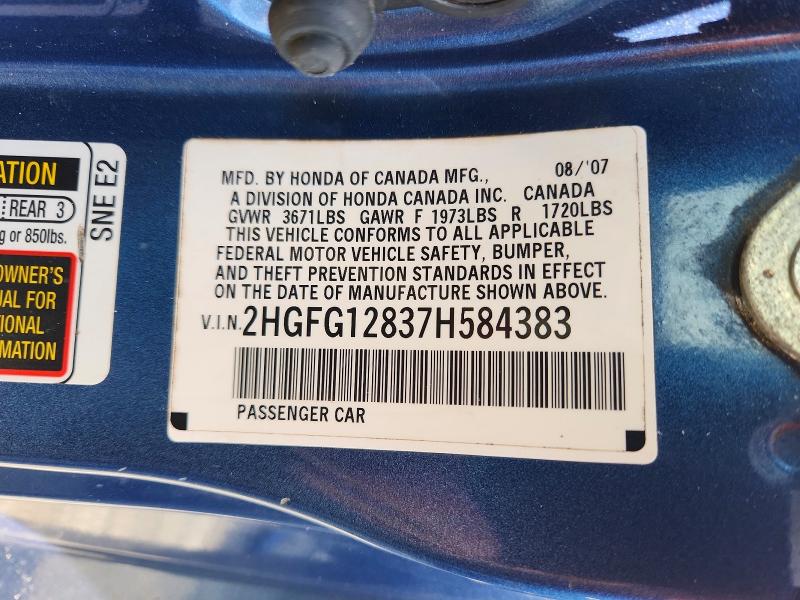 Продажа на аукционе авто 2007 Honda Civic, vin: 2HGFG12837H584383, номер лота: 68198116
