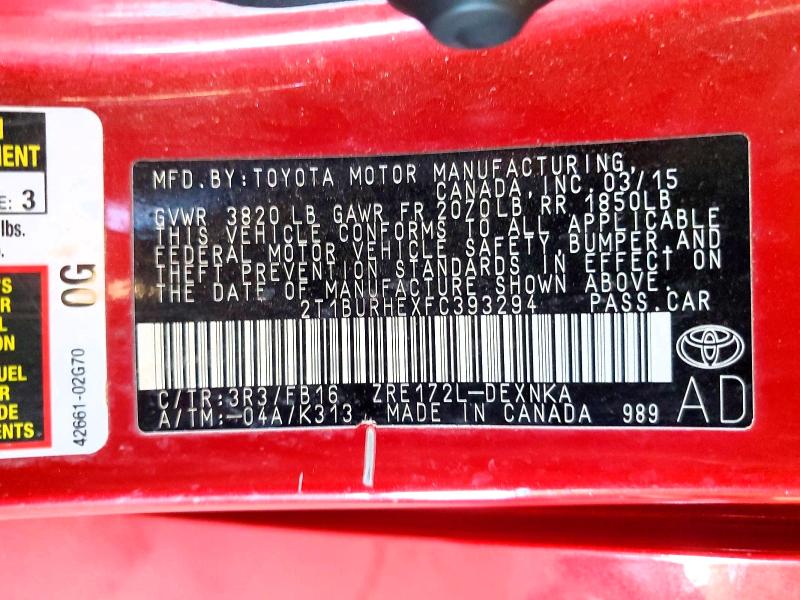 70556326 :رقم المزاد ، 2T1BURHEXFC393294 vin ، 2015 Toyota Corolla مزاد بيع