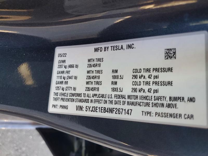 2022 Tesla Model 3 მანქანა იყიდება აუქციონზე, vin: 5YJ3E1EB4NF267147, აუქციონის ნომერი: 70566566