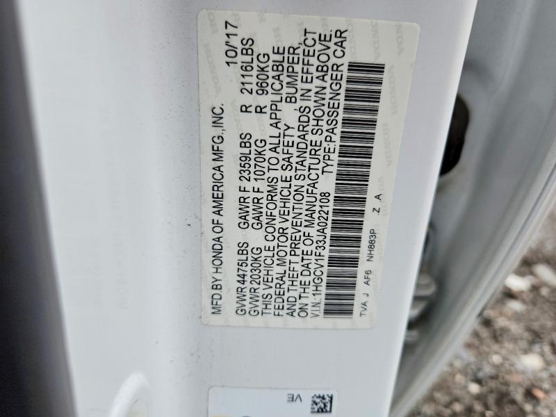 Продаж на аукціоні авто 2018 Honda Accord, vin: 1HGCV1F33JA022108, номер лоту: 69500666