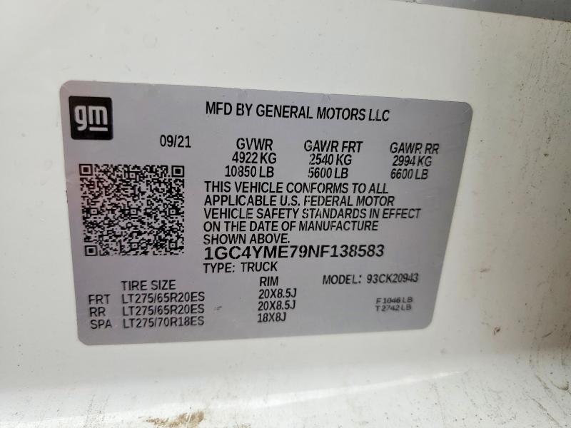 70284036 :رقم المزاد ، 1GC4YME79NF138583 vin ، 2022 Chevrolet Silverado مزاد بيع