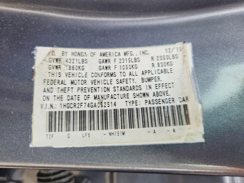 2016 Honda Accord მანქანა იყიდება აუქციონზე, vin: 1HGCR2F74GA092514, აუქციონის ნომერი: 67289506