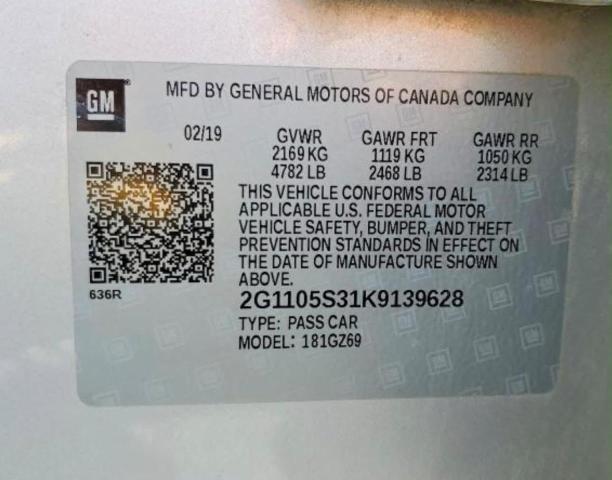 71485366 :رقم المزاد ، 2G1105S31K9139628 vin ، 2019 Chevrolet Impala مزاد بيع