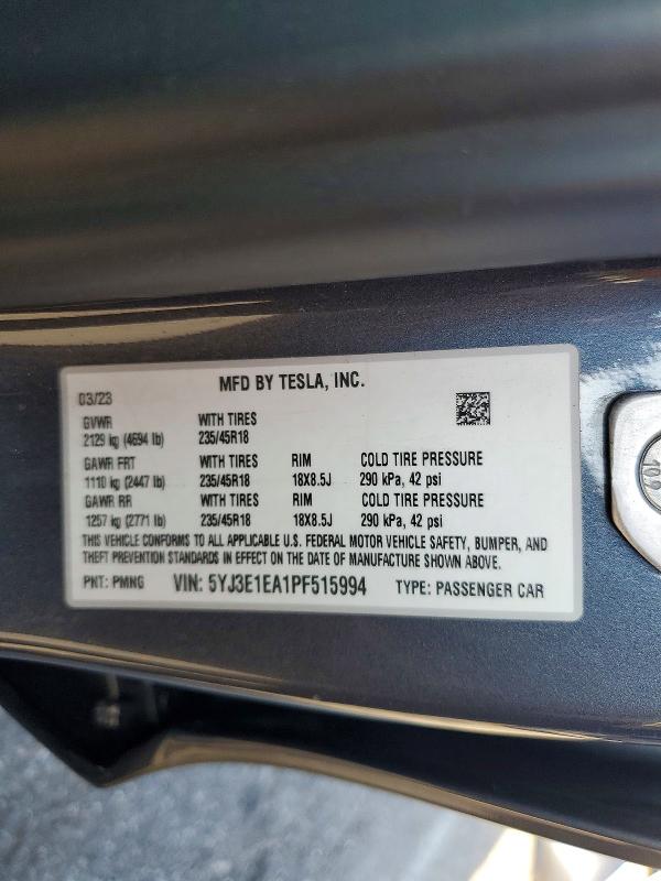 67467636 :رقم المزاد ، 5YJ3E1EA1PF515994 vin ، 2023 Tesla Model 3 مزاد بيع
