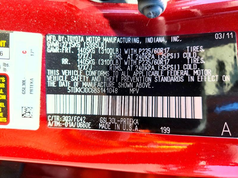 2011 Toyota Sienna მანქანა იყიდება აუქციონზე, vin: 5TDKK3DC6BS141048, აუქციონის ნომერი: 69032706