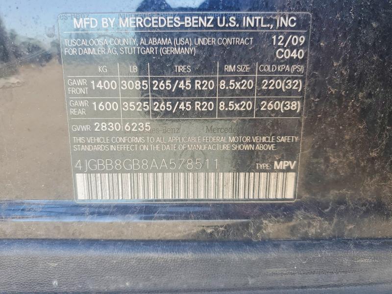 2010 Mercedes-benz Ml მანქანა იყიდება აუქციონზე, vin: 4JGBB8GB8AA578511, აუქციონის ნომერი: 67998586