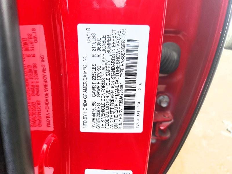 69690036 :رقم المزاد ، 1HGCV1F35JA235397 vin ، 2018 Honda Accord مزاد بيع