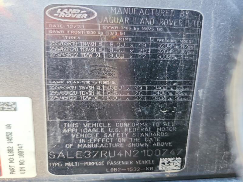 Aukcja sprzedaży 2022 Land Rover Defender, vin: SALE37RU4N2100747, numer aukcji: 65510746