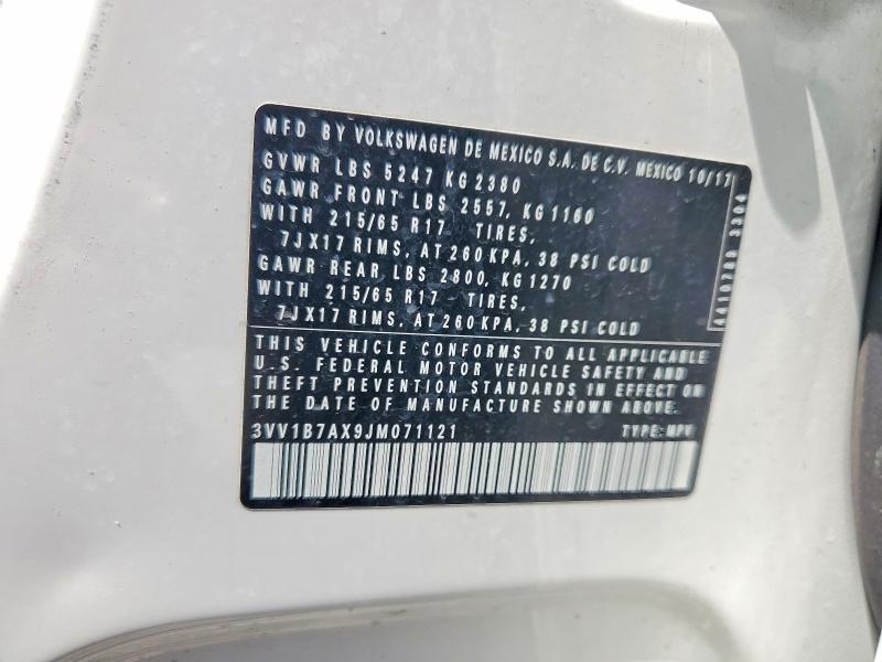 2018 Volkswagen Tiguan მანქანა იყიდება აუქციონზე, vin: 3VV1B7AX9JM071121, აუქციონის ნომერი: 67033466