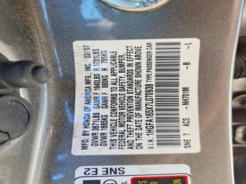 2007 Honda Civic მანქანა იყიდება აუქციონზე, vin: 1HGFA165X7L070938, აუქციონის ნომერი: 68805716
