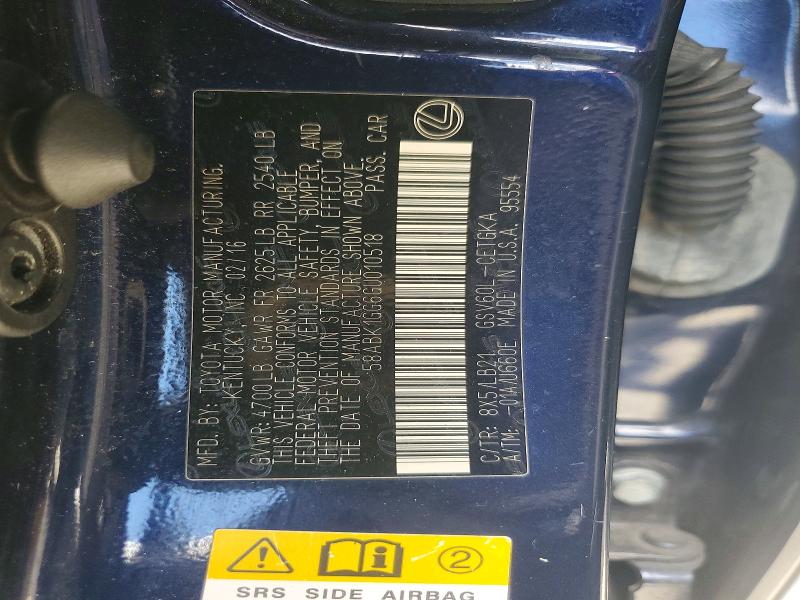2016 Lexus Es მანქანა იყიდება აუქციონზე, vin: 58ABK1GG6GU010518, აუქციონის ნომერი: 67558616