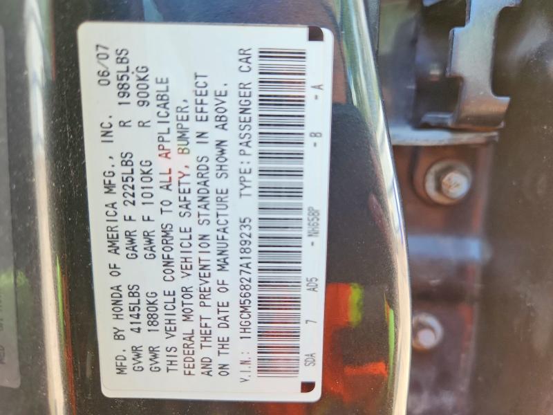 Aukcja sprzedaży 2007 Honda Accord, vin: 1HGCM56827A189235, numer aukcji: 68591866