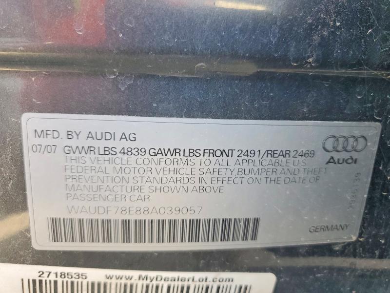 Auction sale of the 2008 Audi A4, vin: WAUDF78E88A039057        , lot number: 68898206