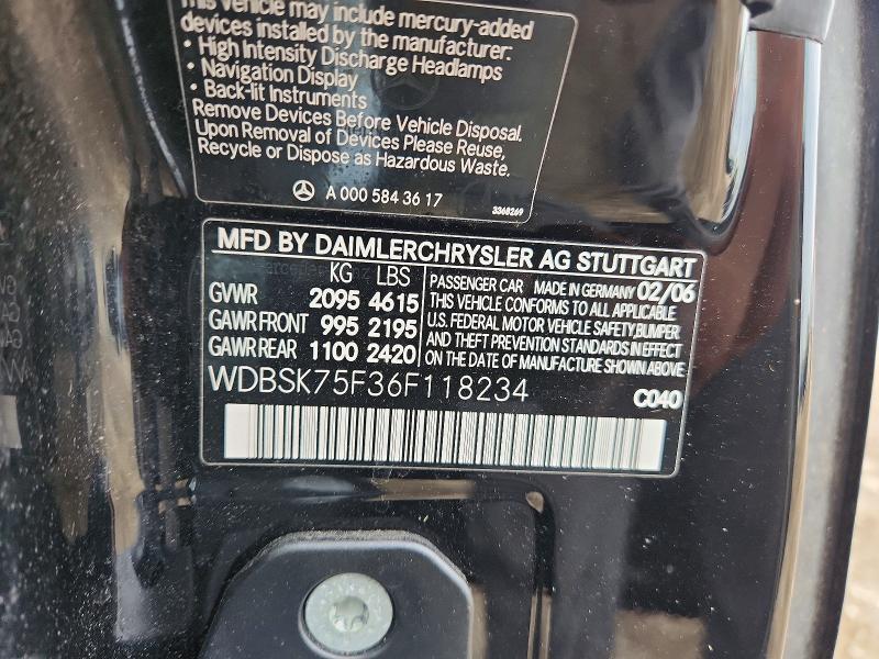2006 Mercedes-benz Sl მანქანა იყიდება აუქციონზე, vin: WDBSK75F36F118234, აუქციონის ნომერი: 70019226