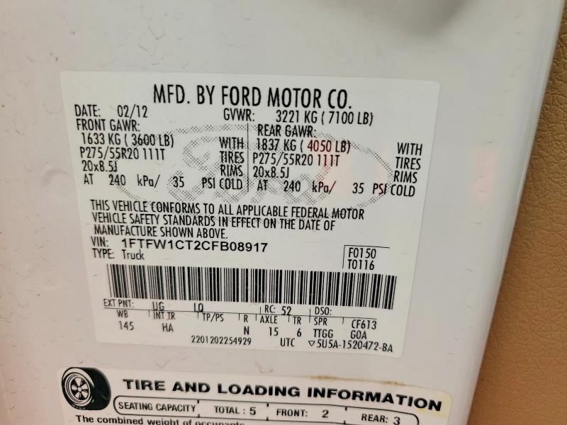 Продаж на аукціоні авто 2012 Ford F150, vin: 1FTFW1CT2CFB08917, номер лоту: 67935456