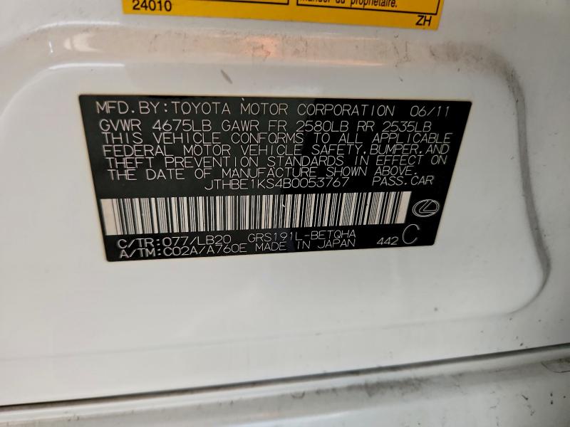 Продажа на аукционе авто 2011 Lexus Gs, vin: JTHBE1KS4B0053767, номер лота: 70954206