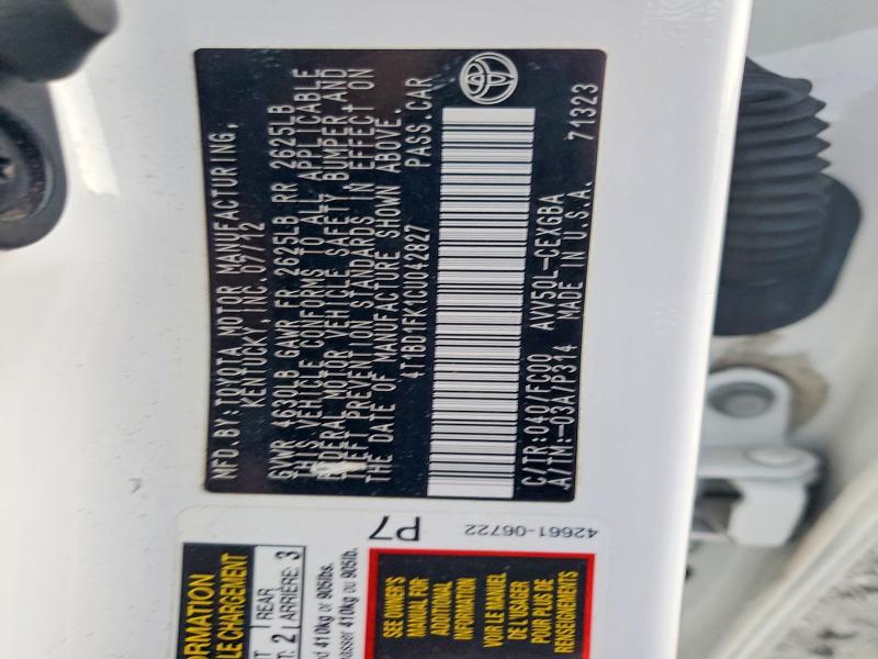 69175086 :رقم المزاد ، 4T1BD1FK1CU042827 vin ، 2012 Toyota Camry Hybrid مزاد بيع