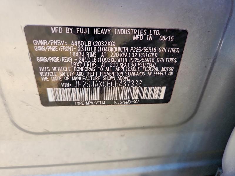 2016 Subaru Forester მანქანა იყიდება აუქციონზე, vin: JF2SJAXC6GH437333, აუქციონის ნომერი: 69311956