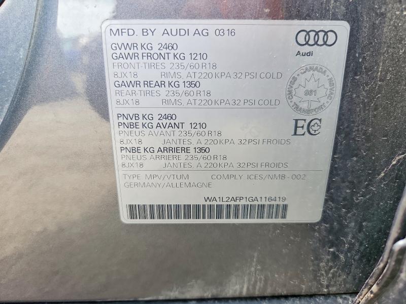 2016 Audi Q5 მანქანა იყიდება აუქციონზე, vin: WA1L2AFP1GA116419, აუქციონის ნომერი: 67184696