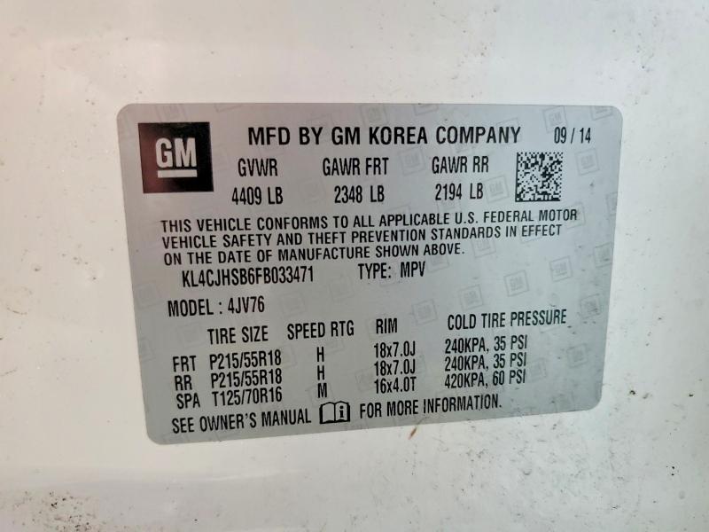 70232876 :رقم المزاد ، KL4CJHSB6FB033471 vin ، 2015 Buick Encore مزاد بيع